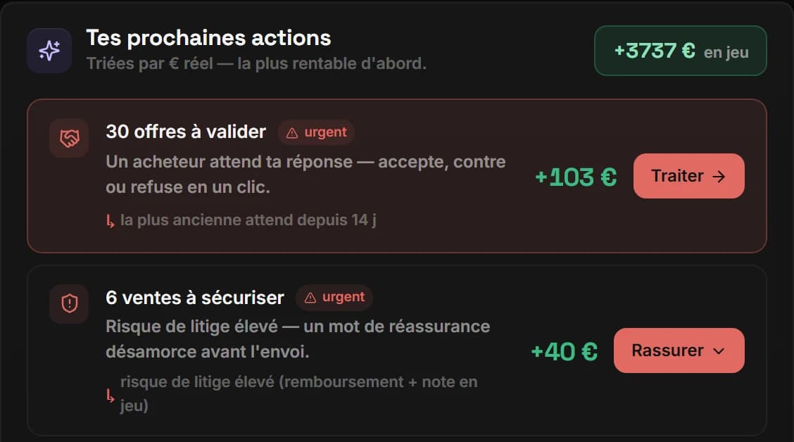Capture réelle du dashboard VEKTR : les prochaines actions de l'agent, triées par euros en jeu