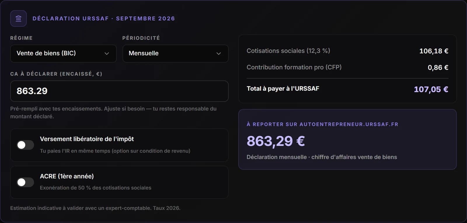 Capture réelle du dashboard VEKTR : la déclaration URSSAF du mois, calculée depuis les ventes